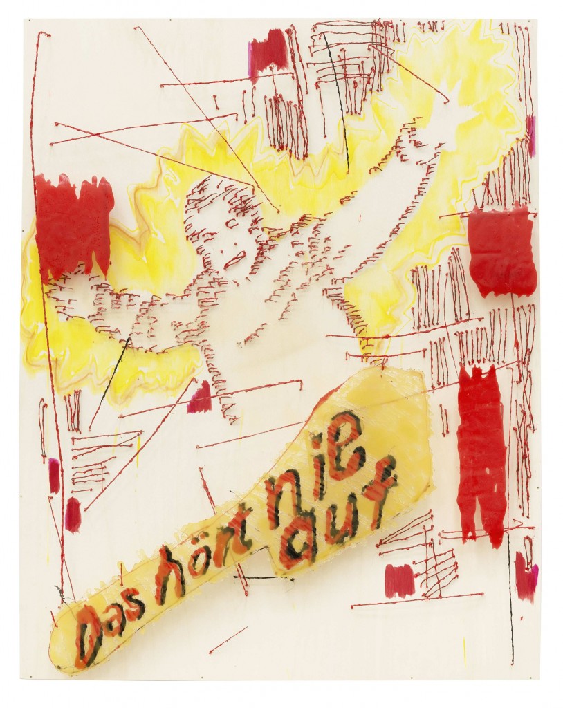 Birgit Brenner, Das hört nie auf, 2016, poplar plywood, ink, wire, polymer wax, hot melt adhesive, 140 x 110 x 15 cm, Hildebrand Collection Leipzig © the artist / VG Bild-Kunst Bonn 2018, courtesy Galerie EIGEN + ART Leipzig/Berlin, photo: Uwe Walter, Berlin